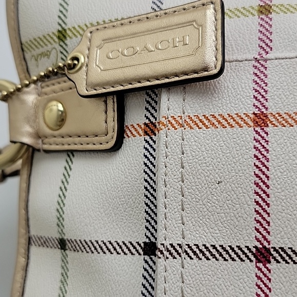 Coach Tattersall Plaid Peyton Pebbled Leather Shoulder Bag Cream Gold Pink Blue - Picture 7 of 16